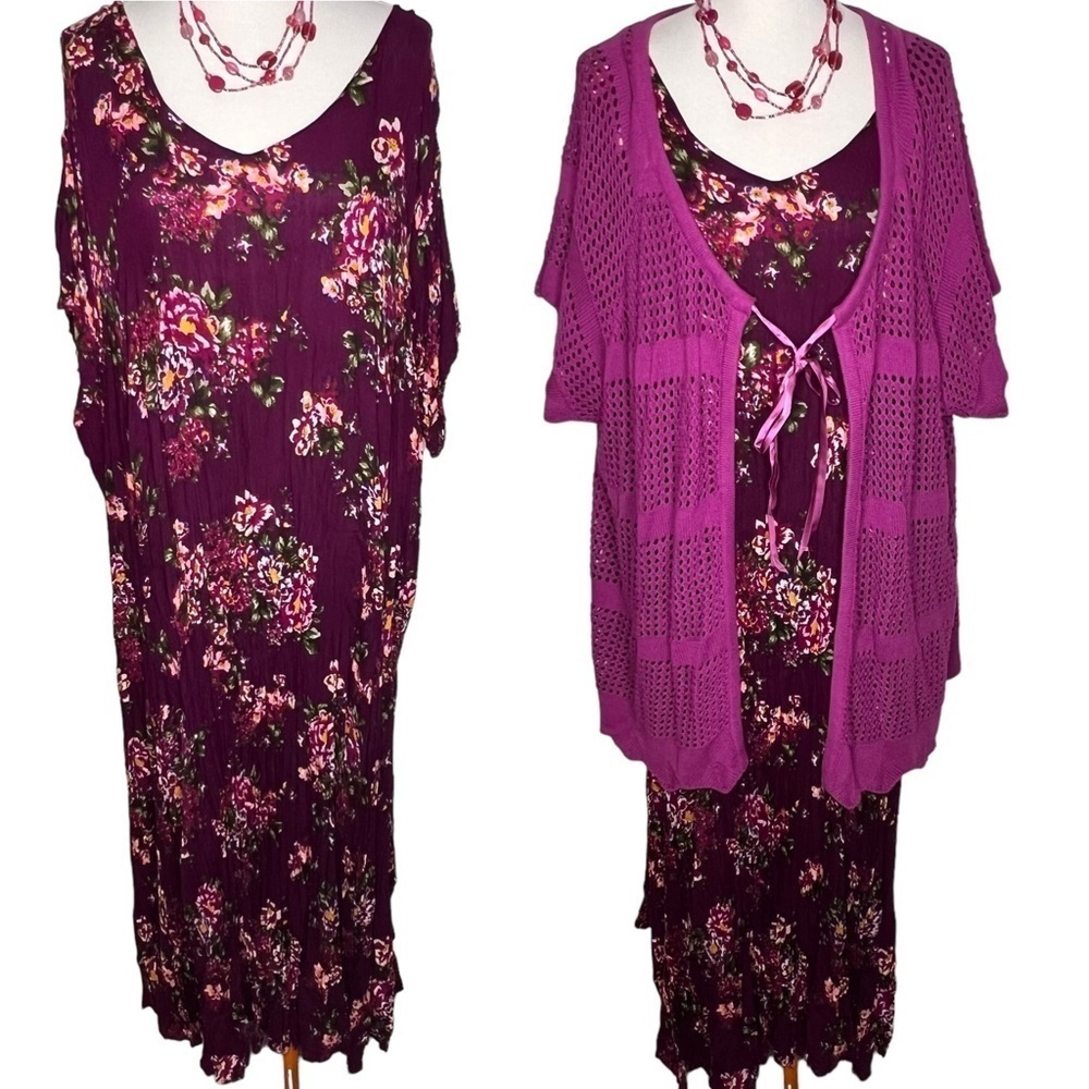 Woman Within Pink Floral Sleeveless Maxi Dress with Crochet Sweater Size 4X NWT